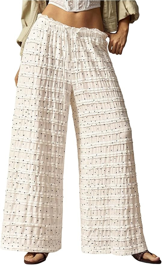 Women's Crochet Lace Pants Ruffle Layered Elastic Waist Mesh Bathing Suit Cover Up Beach Pants | Amazon (US)