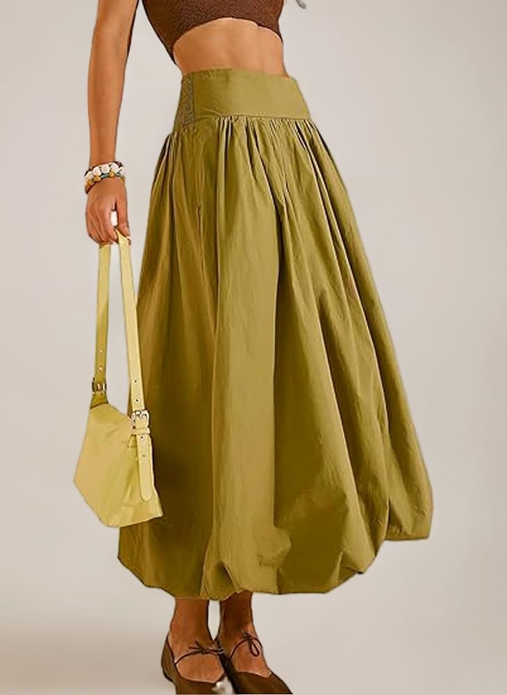 Acrawnni Women Y2k Bubble Maxi Skirt Low Elastic Waist Ruffle Pleated A-line Long Skirts Summer B... | Amazon (UK)
