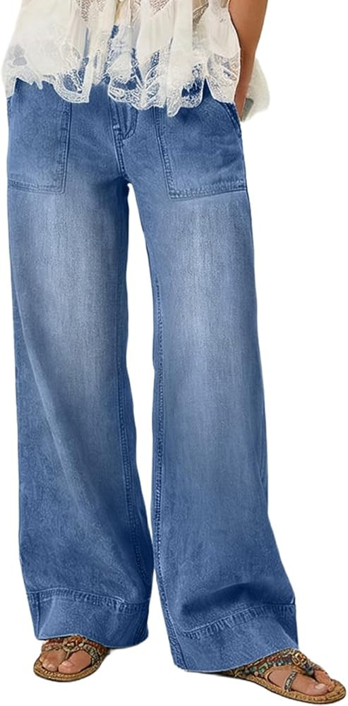 Women's Wide Leg Jeans Soft Baggy Low Mid Rise Elastic Waist Pull On Denim Pants Trendy Y2k | Amazon (US)