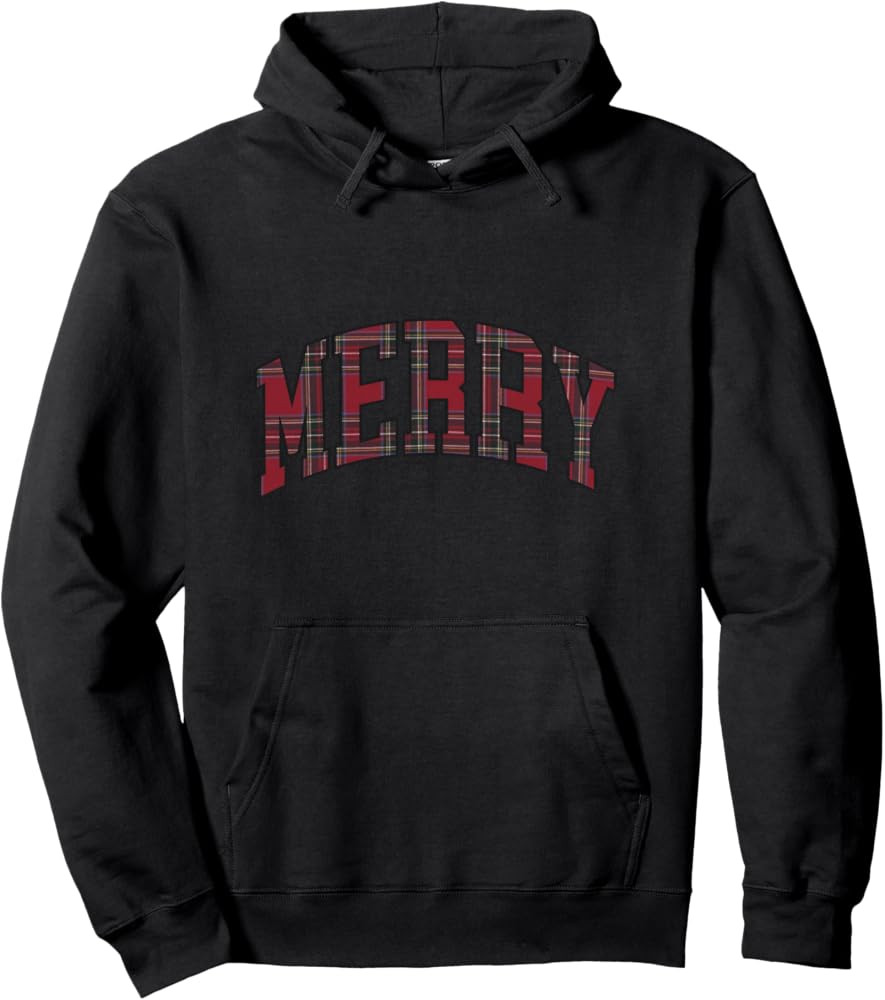 Merry Christmas Plaid Tartan Varsity Block Letter Women Kids Pullover Hoodie | Amazon (US)