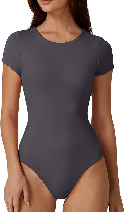 QINSEN Women's Crew Neck Short Sleeve Bodysuit Double Lined Body Suits Basic T-shirt Tops | Amazon (US)
