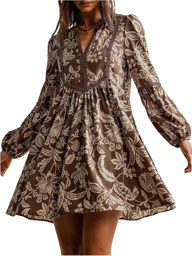 Milumia Women's Boho Floral Printed V Neck Dress Puff Long Sleeve A Line Flowy Short Dresses | Amazon (US)