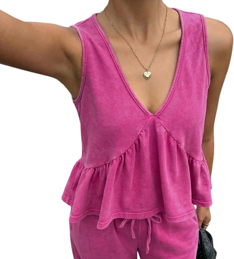 Hixiaohe Acid Washed Babydoll Tank Top Summer Casual V Neck Ruffle Hem Peplum Tops Vintage Sleeve... | Amazon (US)