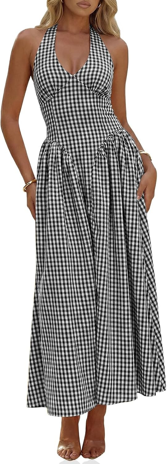 Wenrine Womens Halter V Neck Corset Maxi Dresses Summer Plaid Smocked Dress | Amazon (US)