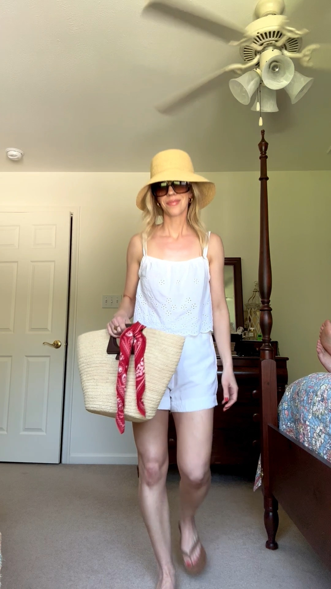 Fourth of July outfit, eyelet top, summer travel look, white linen shorts, white matching set, @Janessa Leone straw bucket hat, Le Tanneur straw tote bag

#LTKTravel #LTKOver40 #LTKSaleAlert