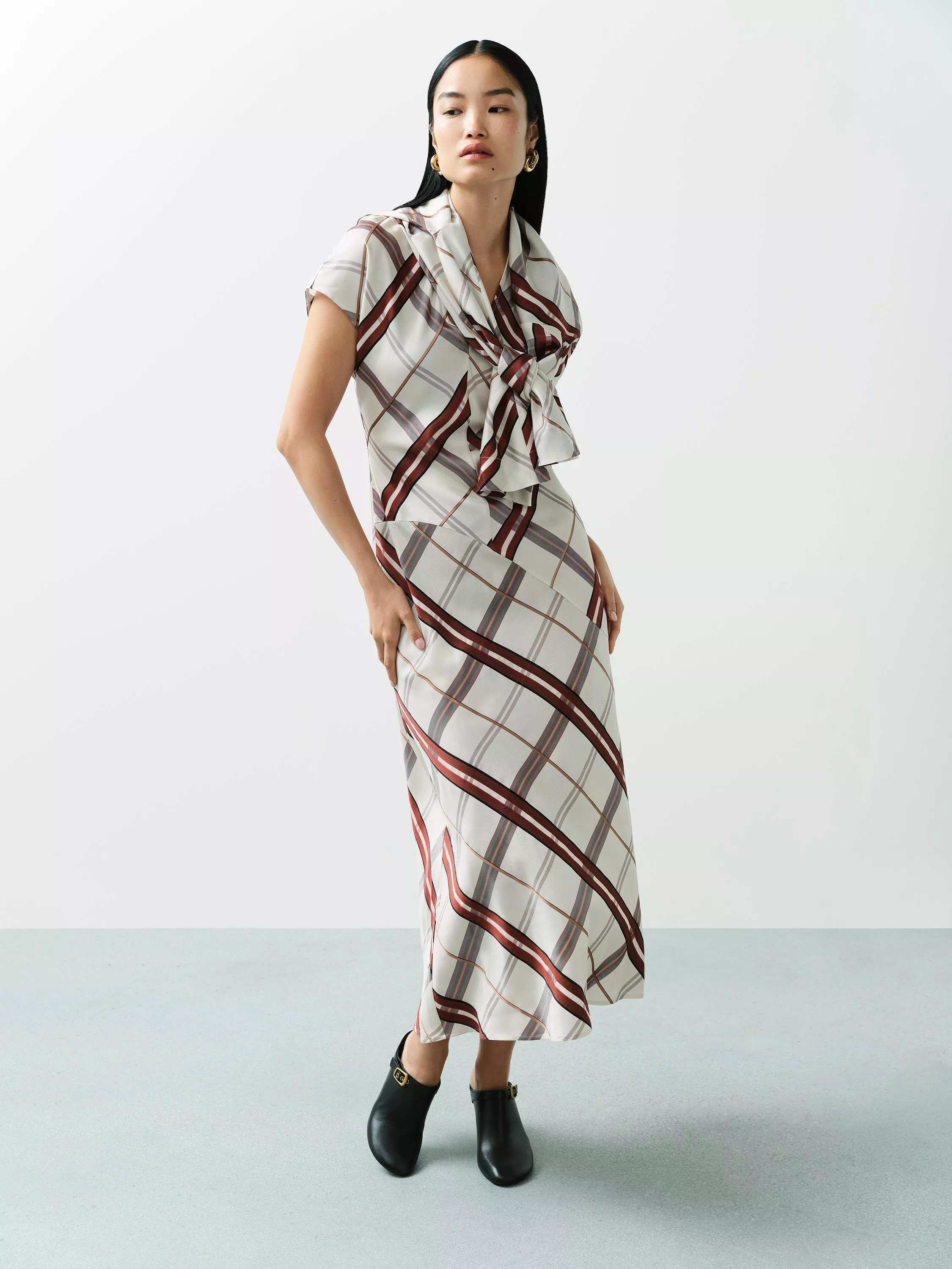 John Lewis Asymmetric Pattern Cap Sleeve Check Midi Dress, Multi | John Lewis (UK)