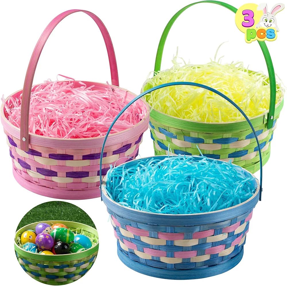 JOYIN 3 Pcs Easter Woven Bamboo Basket with Tricolor Grass Paper Shred, Easter Eggs Wiker Basket ... | Amazon (US)