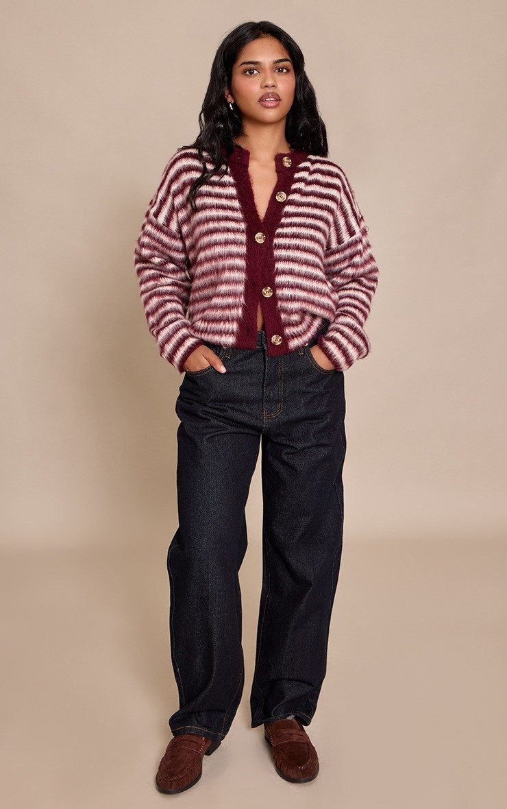 Petite Burgundy Stripe Brushed Knit Cardigan | PrettyLittleThing UK