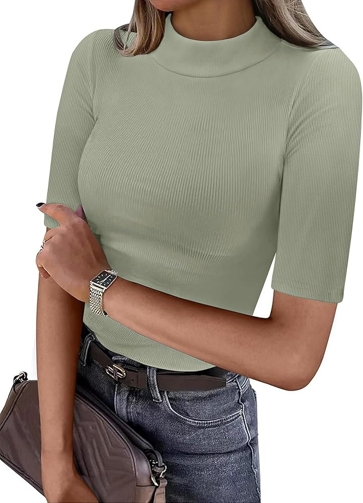 ANRABESS Womens Basic Ribbed Tee, Mock Neck Half Sleeve, Soft Comfort for Office & Casual Outings... | Amazon (US)