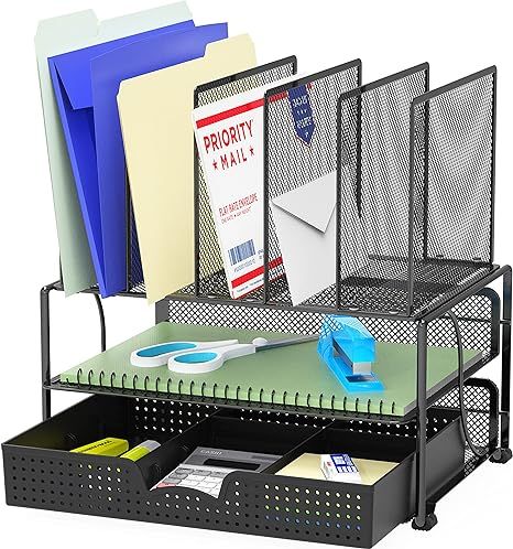 SimpleHouseware Mesh Desk Organizer with Sliding Drawer, Double Tray and 5 Upright Sections, Blac... | Amazon (US)