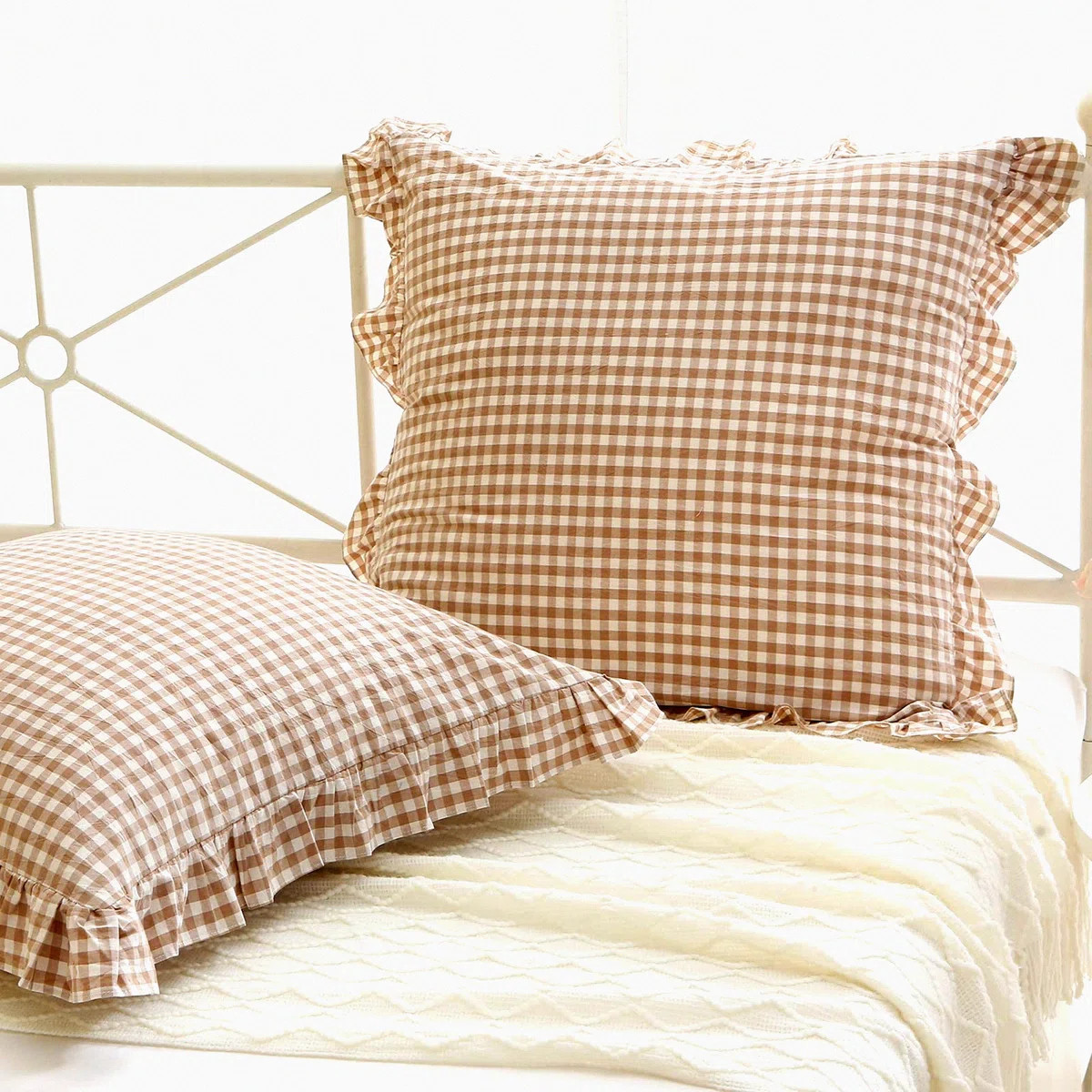 Rustic Chic Plaid Ruffle Euro Pillow Shams - Set of 2 | Washed Cotton Gingham Checkered Decorativ... | Wayfair North America