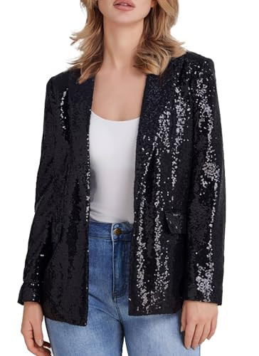 Kelyaa Women's Sequin Suit Jacket Open Front One Button Long Sleeve Blazers Party Sparkly Cardigan Coat with Pockets Black | Amazon (US)