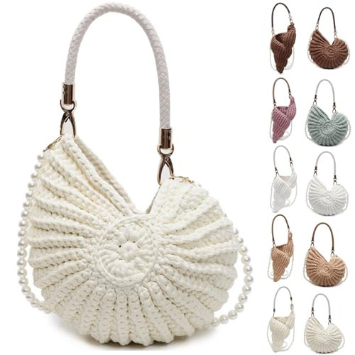 Handwoven Seashell Bag for Women Beaded Shell Purse Crochet Beach Bag Conch Shoulder Handbag with Pearl Strap Leather Handle (A-beige) | Amazon (US)