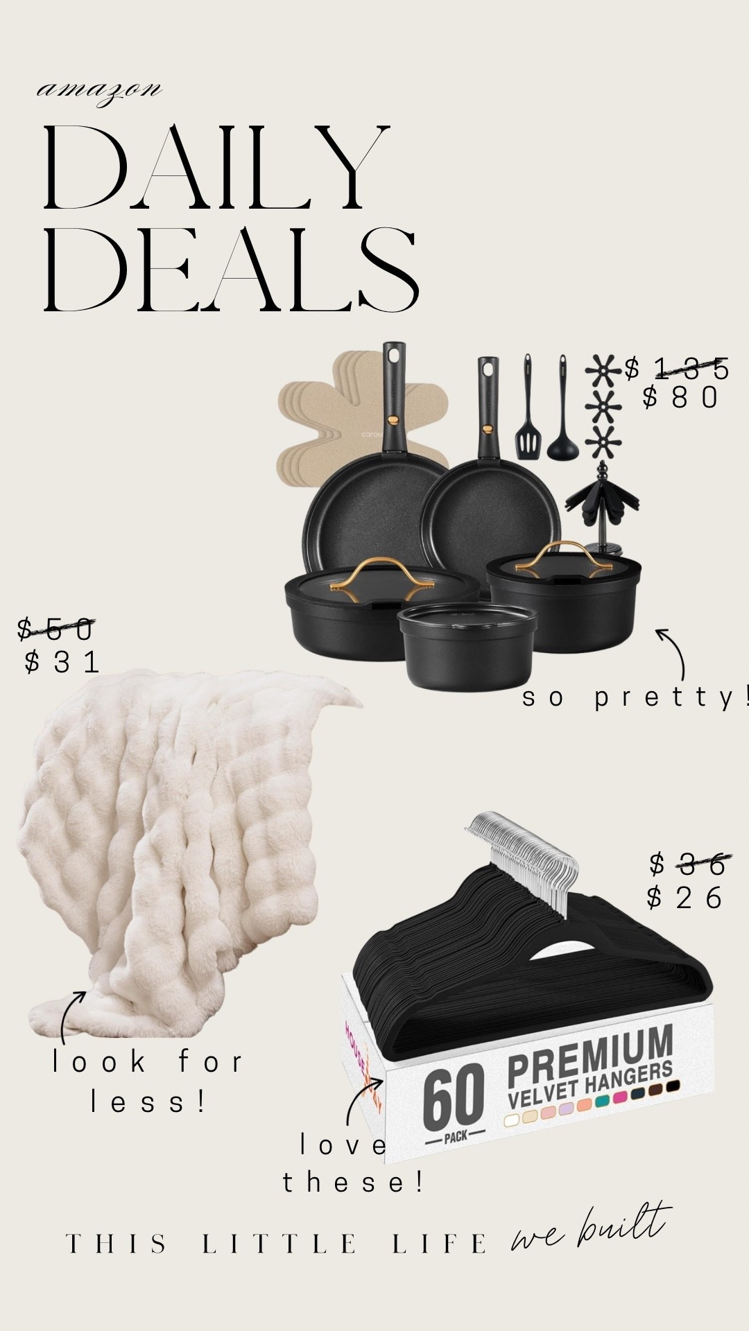 Amazon daily deals! 


Throw blanket, velvet hangers, carote black and gold pans, pots, Amazon home, affordable home 

#LTKHome #LTKSaleAlert #LTKU