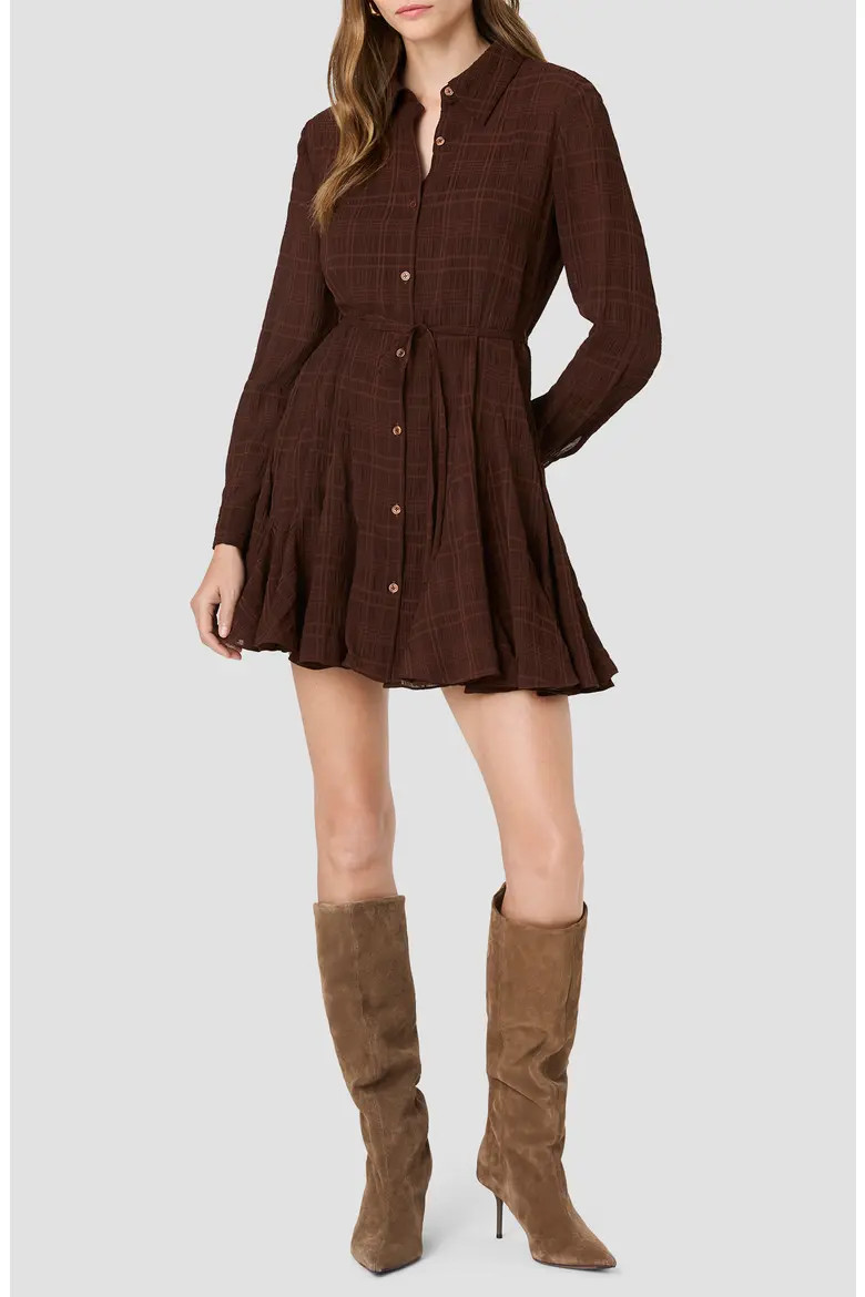 French Connection Textured Plaid Long Sleeve Chiffon Shirtdress in Cocoa Brown at Nordstrom, Size Small | Nordstrom