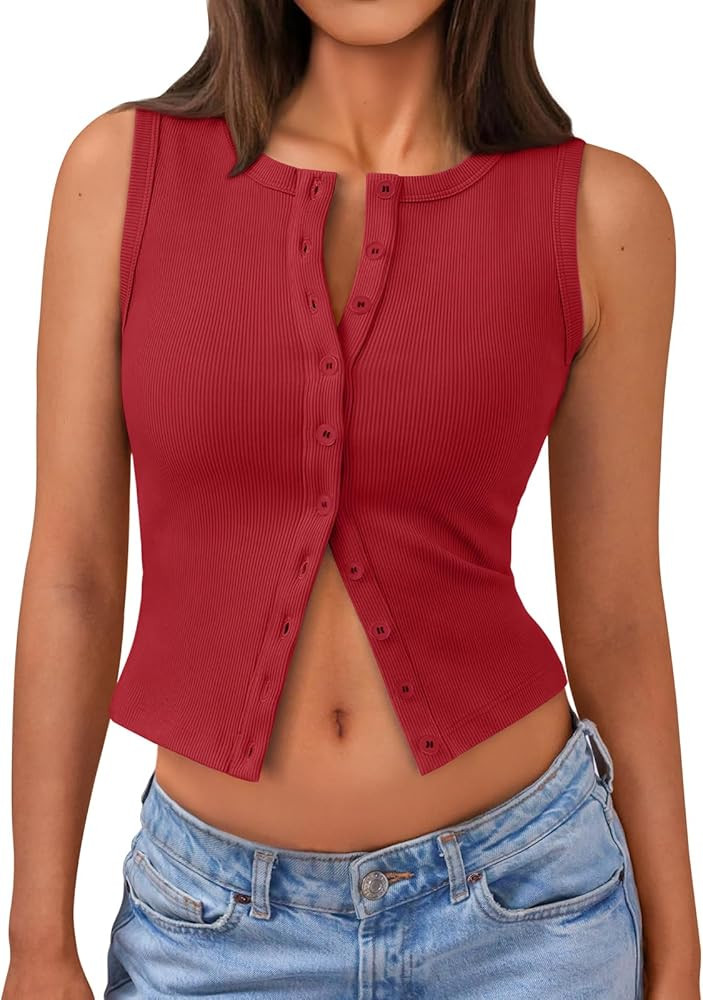 Trendy Queen Womens Going Out Ribbed Tank Tops Button Down Sleeveless Crop Tops | Amazon (US)