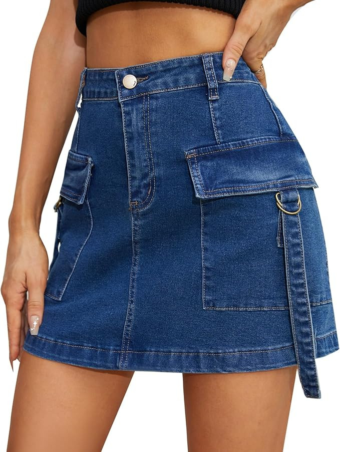 Low Waist Cargo Skirt Women Button Mini Cargo Denim Skirt with Pocket | Amazon (US)
