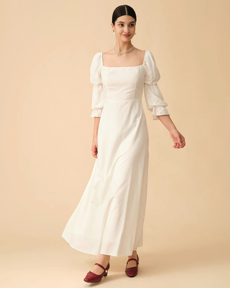 The Puff Sleeve Ruched Maxi Dress & Reviews - White - Dresses | RIHOAS | rihoas.com