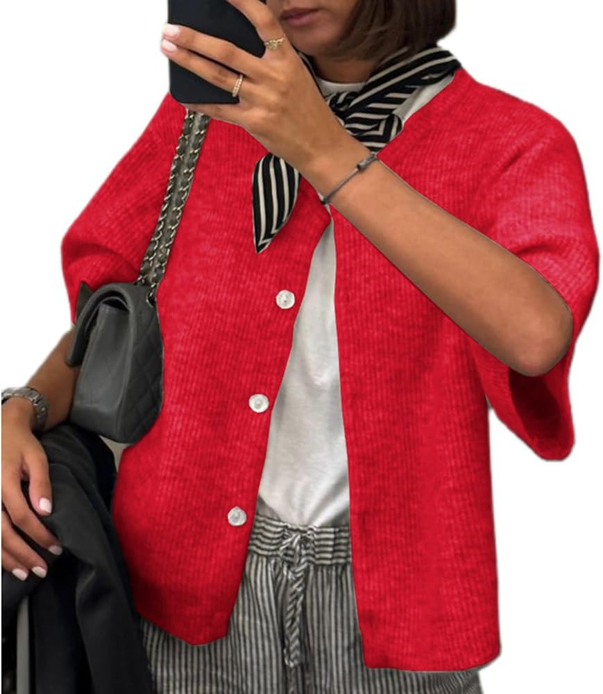 Women Knitted Button Down Short Sleeve Tops Y2K Solid Color Crew Neck Relaxed Sweater Cardigan Go... | Amazon (US)