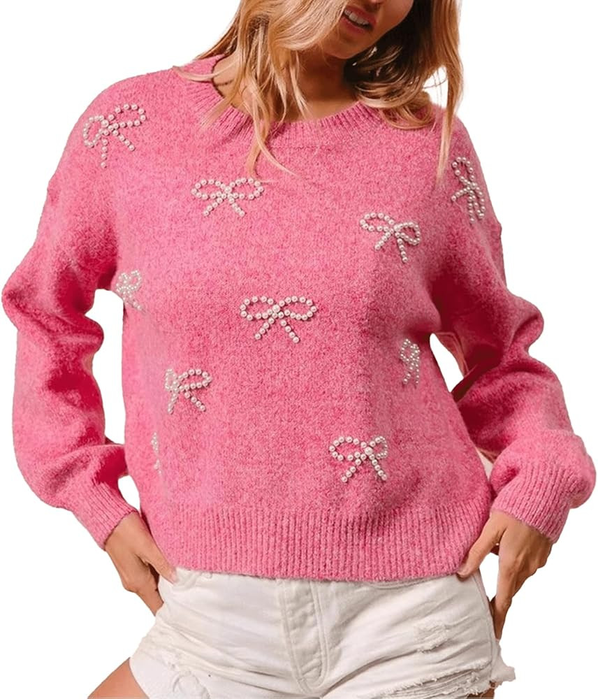 Bow with Pearl Sweater for Women Valentines Day Cute Comfy Sweater Love Bow Loose Fit Pullover Gi... | Amazon (US)