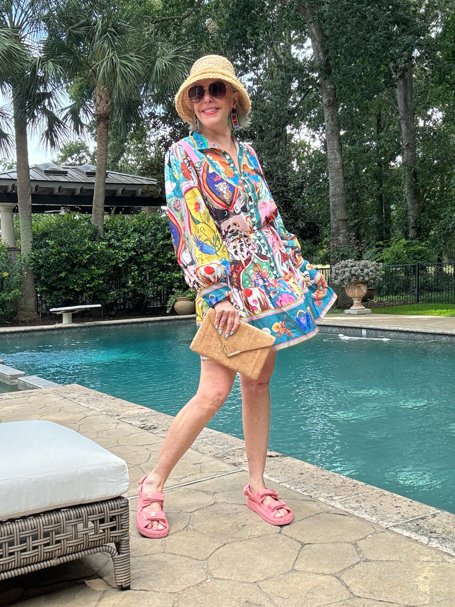 Prints charming…… letting you in on my secret…… I loved this dress and put it my maybe to buy. Then I found the same dress on Amazon for over $450 LESS. Also found another dress from the same brand that I found elsewhere for a whole lot less that I will share soon. 
Wear with the self belt or as a swing dress. I am 5’8” wearing a size medium so length will vary. This dress will also be great with boots or booties making it  great transitional piece this fall 
Sandals @dior 
Earring @hermes 
Sunnies @lovechicos