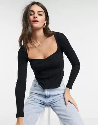 ASOS DESIGN rib fitted corset top with ultra wide neck in black | ASOS | ASOS (Global)