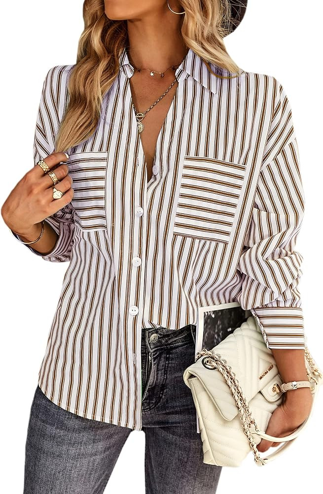 ECOWISH Women's Button Down Shirts - Striped Long Sleeve V Neck Plain Shirt Casual Work Blouses Tops | Amazon (US)