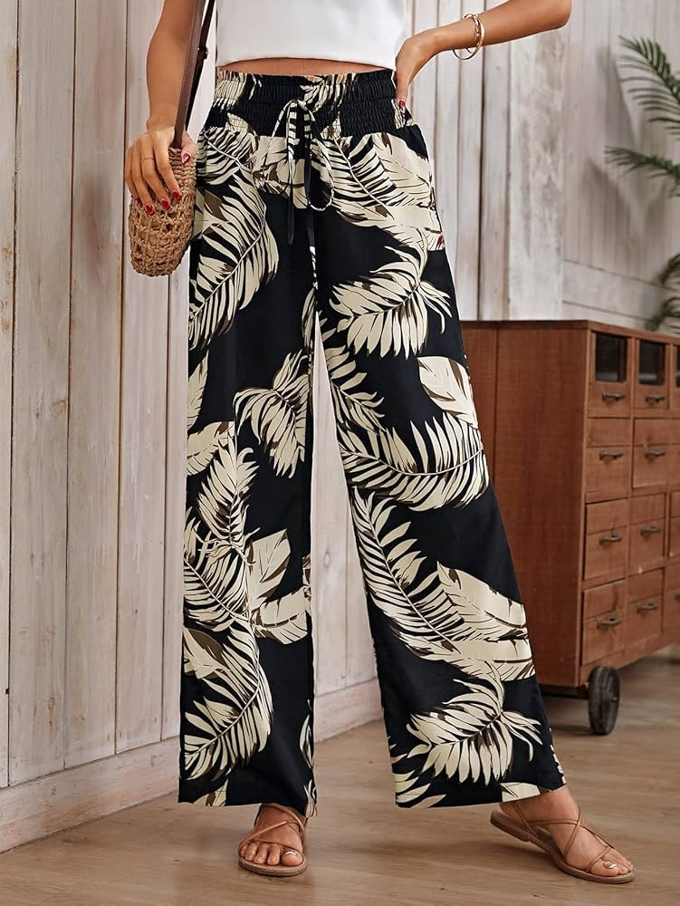 MOZTO Women's Jeans Pant for Women Jeans for Women Tropical Print Tie Front Wide Leg Pants (Color... | Amazon (US)