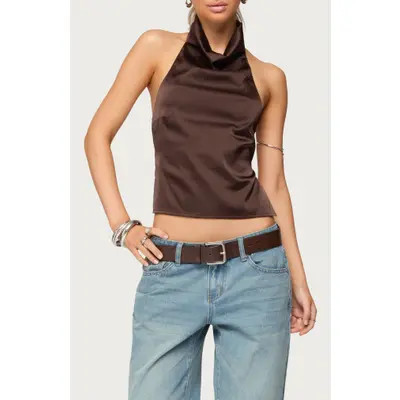 EDIKTED Cowl Neck Backless Satin Crop Top in Dark-Brown at Nordstrom, Size X-Small | Nordstrom