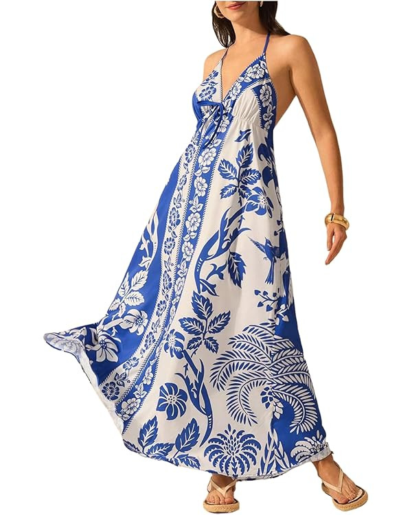 SHENHE Women's Summer Tropical Floral Halter Maxi Dress Open Back Empire Waist Flowy Boho Dress | Amazon (US)