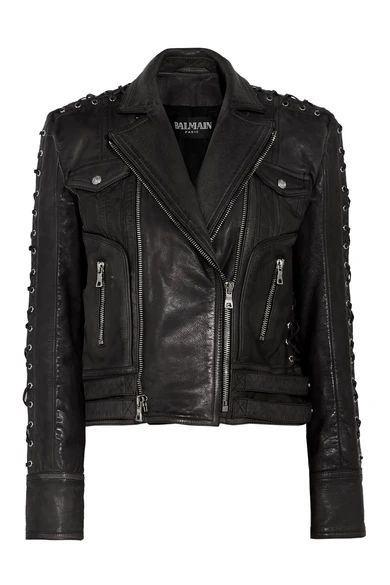 Balmain - Lace Up-detailed Textured-leather Biker Jacket - Black | NET-A-PORTER (UK & EU)