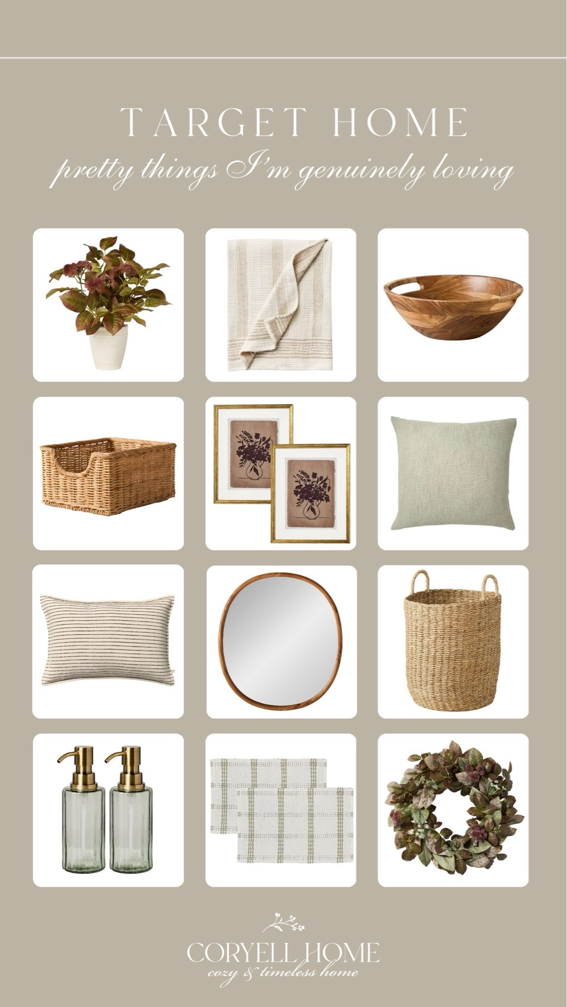 Pretty home decor finds from Target 🤎 Love these pretty accents for a transitional and neutral home. 😍 The wood mirror, faux fall flower arrangement, wreath, and throw pillow are some of my personal favorites. 🙌🏻