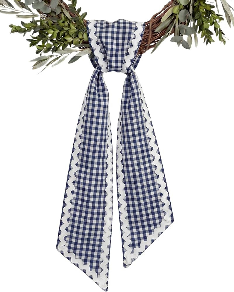 Navy Gingham Wreath Sash for Front Door with Scalloped RIC Rac Trim, 4.5 x 56 Inch Navy Blue Wrea... | Amazon (US)