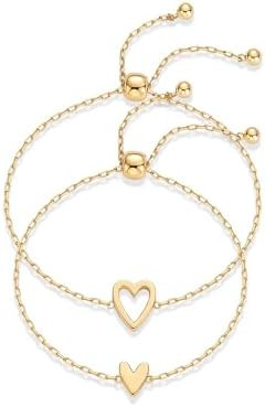 PAVOI 14K Gold Plated Matching Heart Charms Solitaire Bracelet Set for Women | Adjustable Love Fr... | Amazon (US)