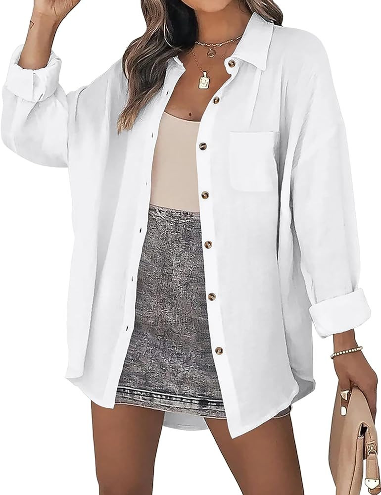 Zeagoo Womens Color Block Button Down Shirts Long Sleeve Linen Shirt Oversized Cotton Blouses Top... | Amazon (US)