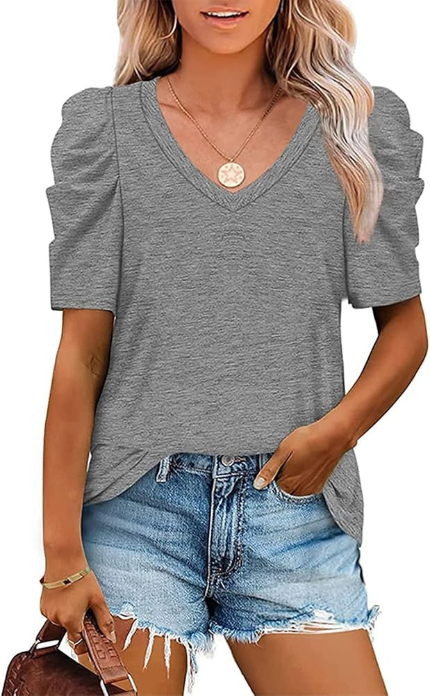 LCXWFE Womens Casual V Neck T Shirt Puff Sleeve Tops Ruched Elegant Summer Shirts | Amazon (US)