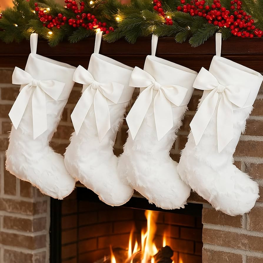Kinlop 4 Pack 18 Inch White Bow Christmas Stockings Large Hanging Fuzzy Christmas Stocking Orname... | Amazon (US)