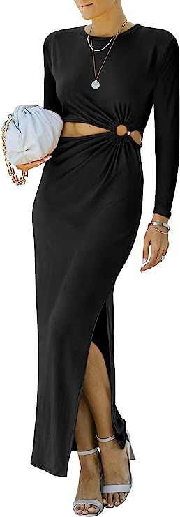 Prinbara Women's Cut Out Split Maxi Dress Long Sleeves Crewneck Sexy Bodycon Dresses | Amazon (US)