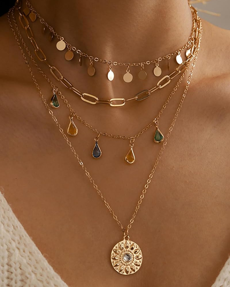 Amazon.com: Fashion Necklace Multilayer Layered Pendant Necklace for Women, Boho Chic Stackable C... | Amazon (US)