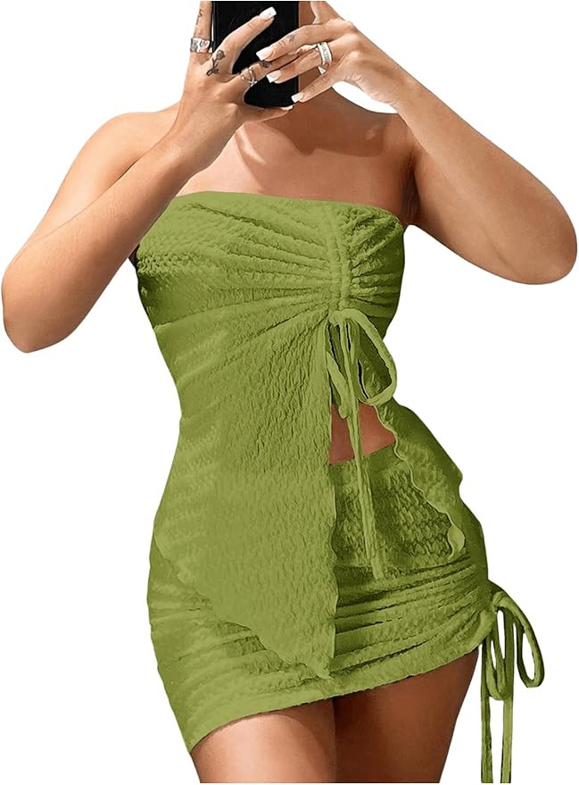 WDIRARA Women's 2 Piece Outfits Strapless Drawstring Front Ruched Crop Tube Top and Bodycon Skirt... | Amazon (US)