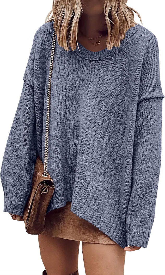 ANRABESS Womens Fall Fashion Oversized Scoop V Neck Batwing Sleeve Sweater | Amazon (US)