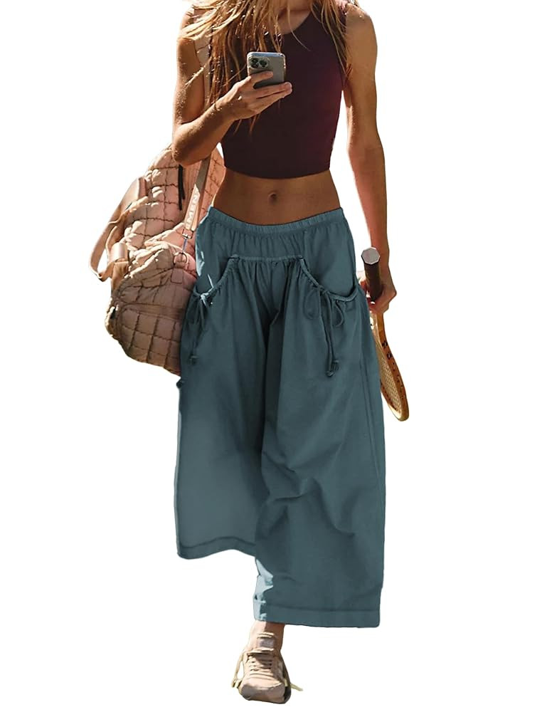 Hooever Women's Loose Wide Leg Track Pants Drawstring Pockets Elastic Waist Capri Hiking Pants | Amazon (US)