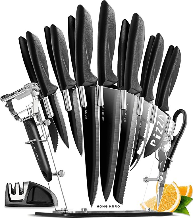 Home Hero 17 pcs Kitchen Knife Set - 7 Stainless Steel Knives, 6 Serrated Steak Knives, Scissors,... | Amazon (US)