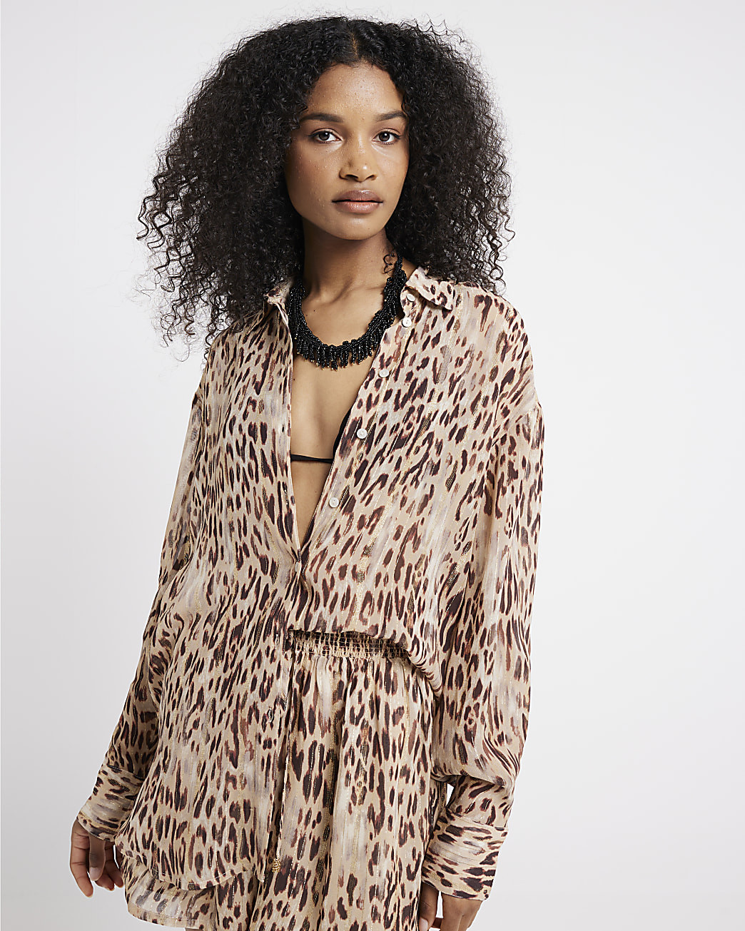 Beige leopard print glitter shirt | River Island (UK & IE)