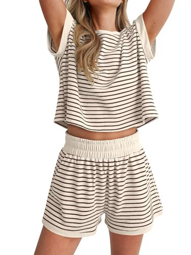 ANRABESS Women 2 Piece Pajama Lounge Sets Stripe Knit Cap Sleeve Tee Shirts Shorts 2026 Casual Summer Loungewear Shorts Set Brown Beige Striped Medium | Amazon (US)