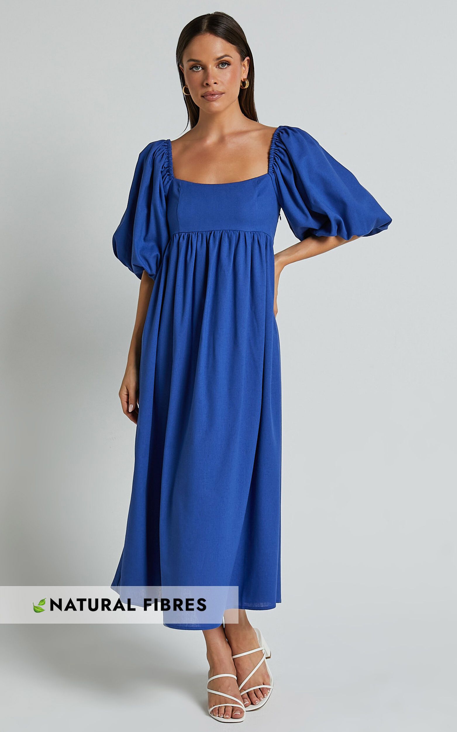 Cenia Midi Dress - Linen Look Straight Neck Shirred Back Puff Sleeve Dress in Bright Blue | Showpo (US, UK & Europe)