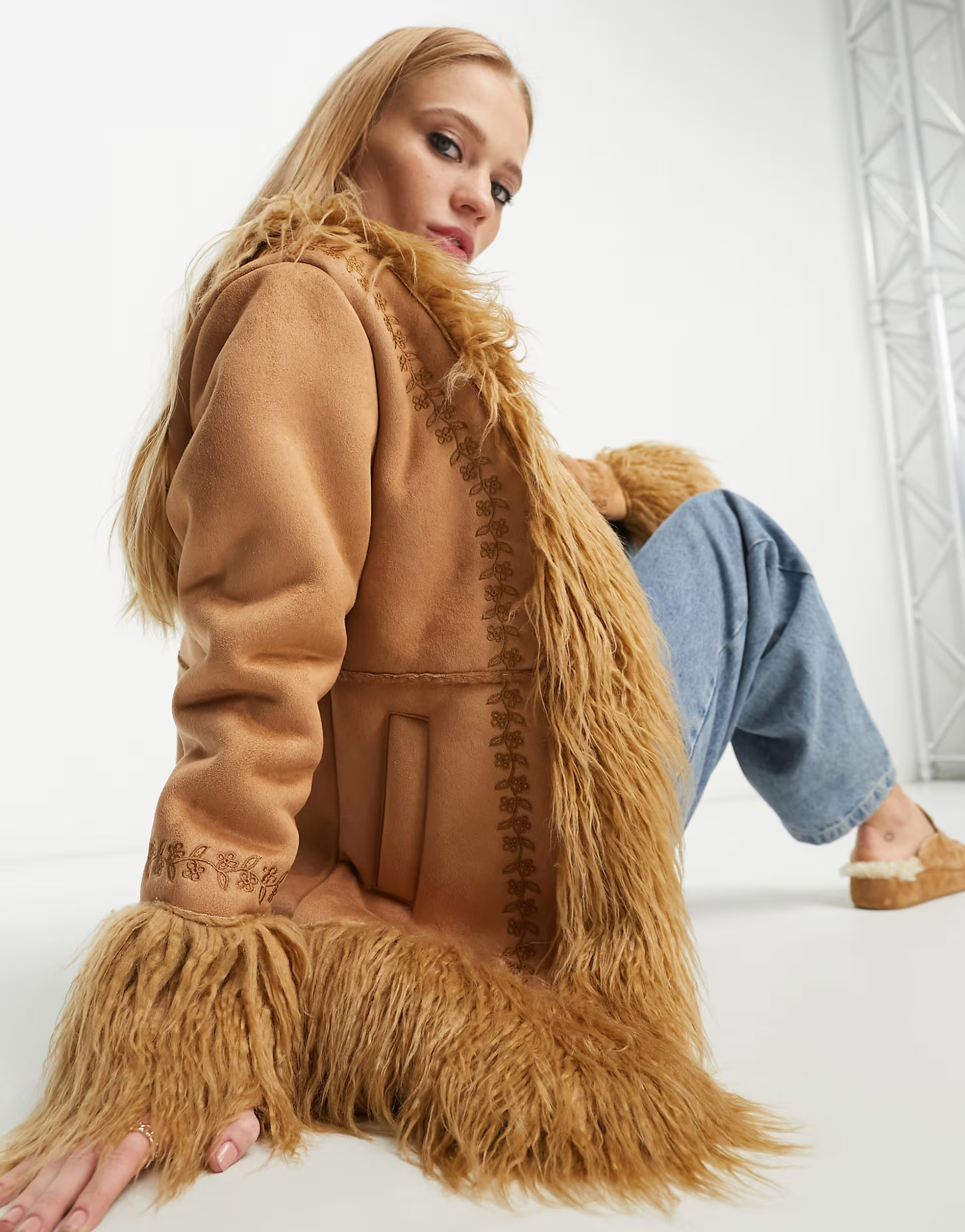 Neon Rose mid length 70s inspired afghan coat in faux suede and fur with embroidery | ASOS (Global)