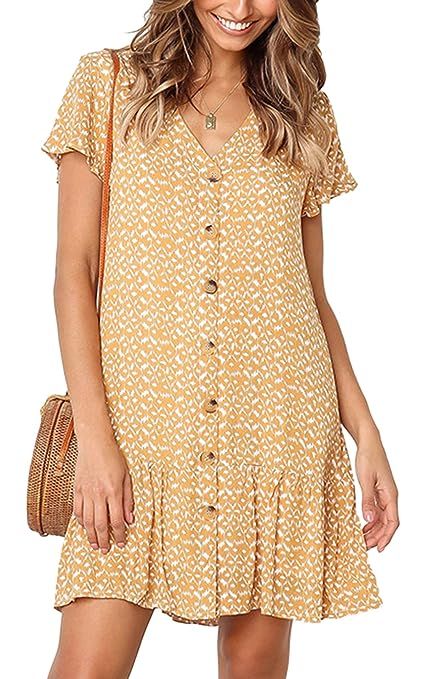 Angashion Women's Dresses-Short Sleeve V Neck Button T Shirt Mini Skater Dress | Amazon (US)