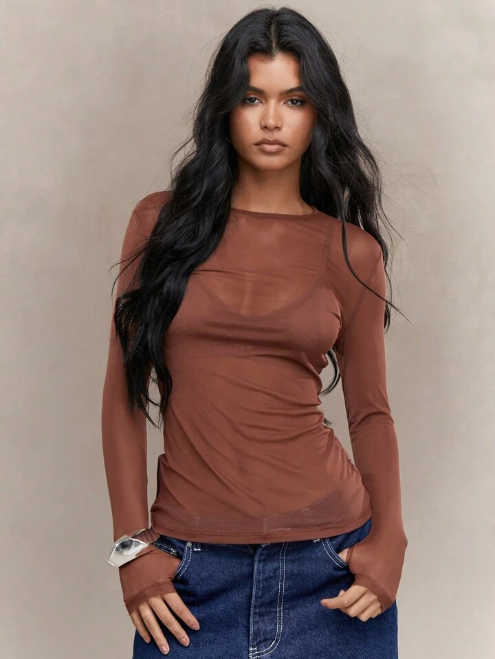 MISSGUIDED Sheer Mesh Thumb Hole Long Sleeve Top | SHEIN