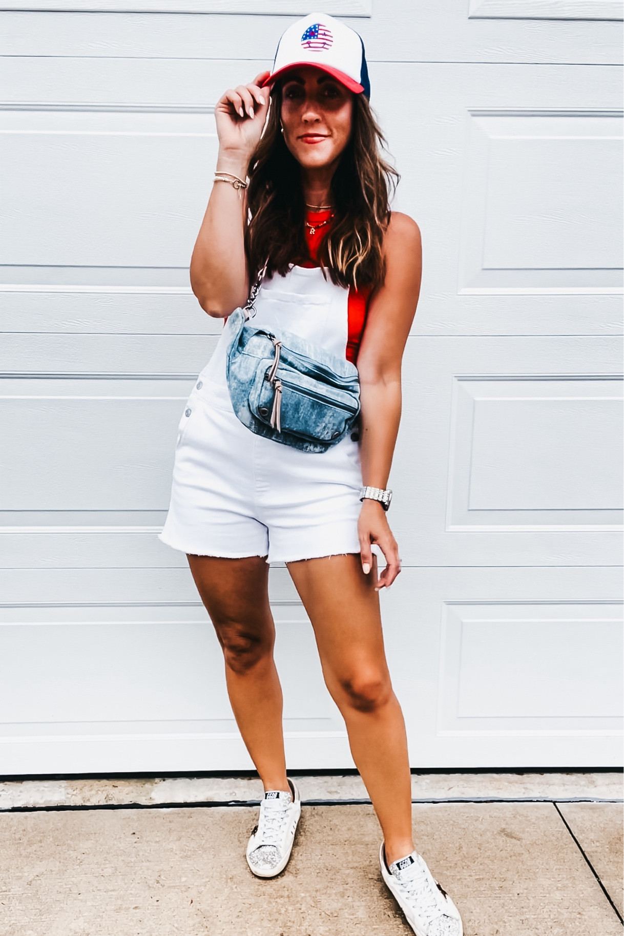 White short overalls — sized up one to a size medium
red tank — size small 
denim bum bag 
red, white and blue :-) trucker hat

#LTKSaleAlert #LTKFindsUnder50 #LTKStyleTip